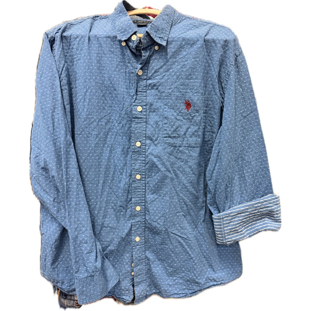US Polo Assn Mens XXL Blue Geometric Micro Print Button Down Shirt Long Sleeve